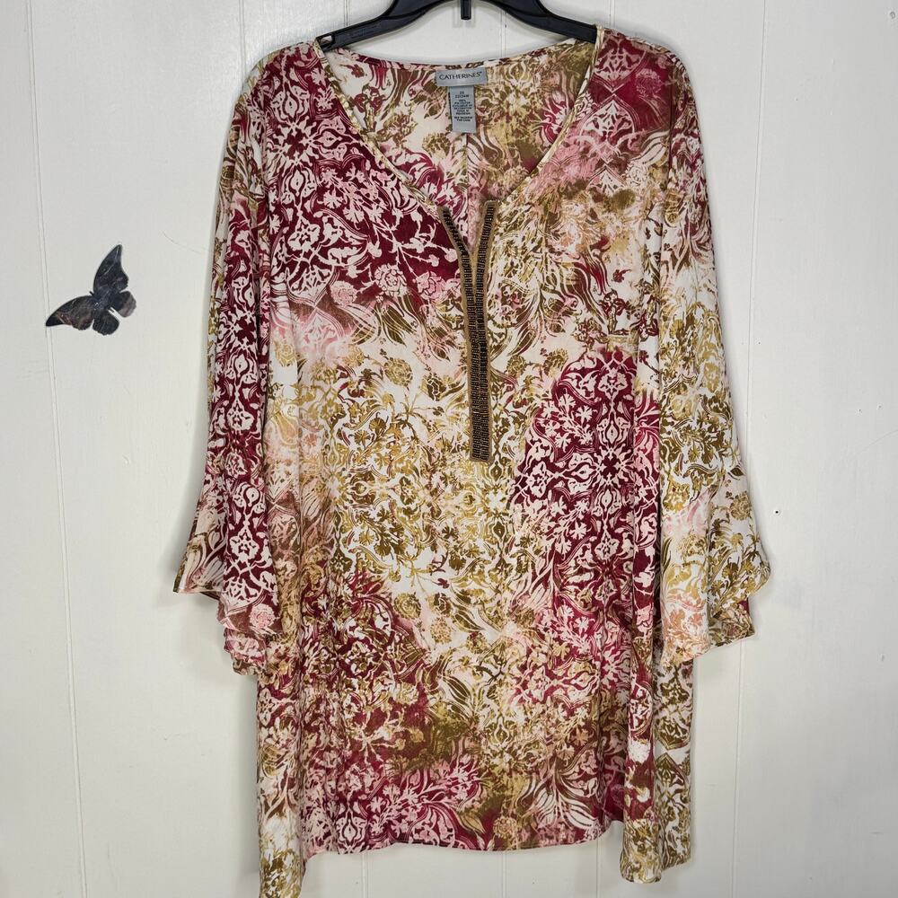 Catherines Womens Blouse Size 2X Green Floral Beaded Trim Fairy Whimsical Artsy